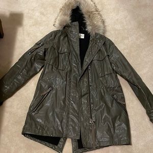 SAM Waxed cotton thinsulate army green parka with coyote fur hood. Size medium